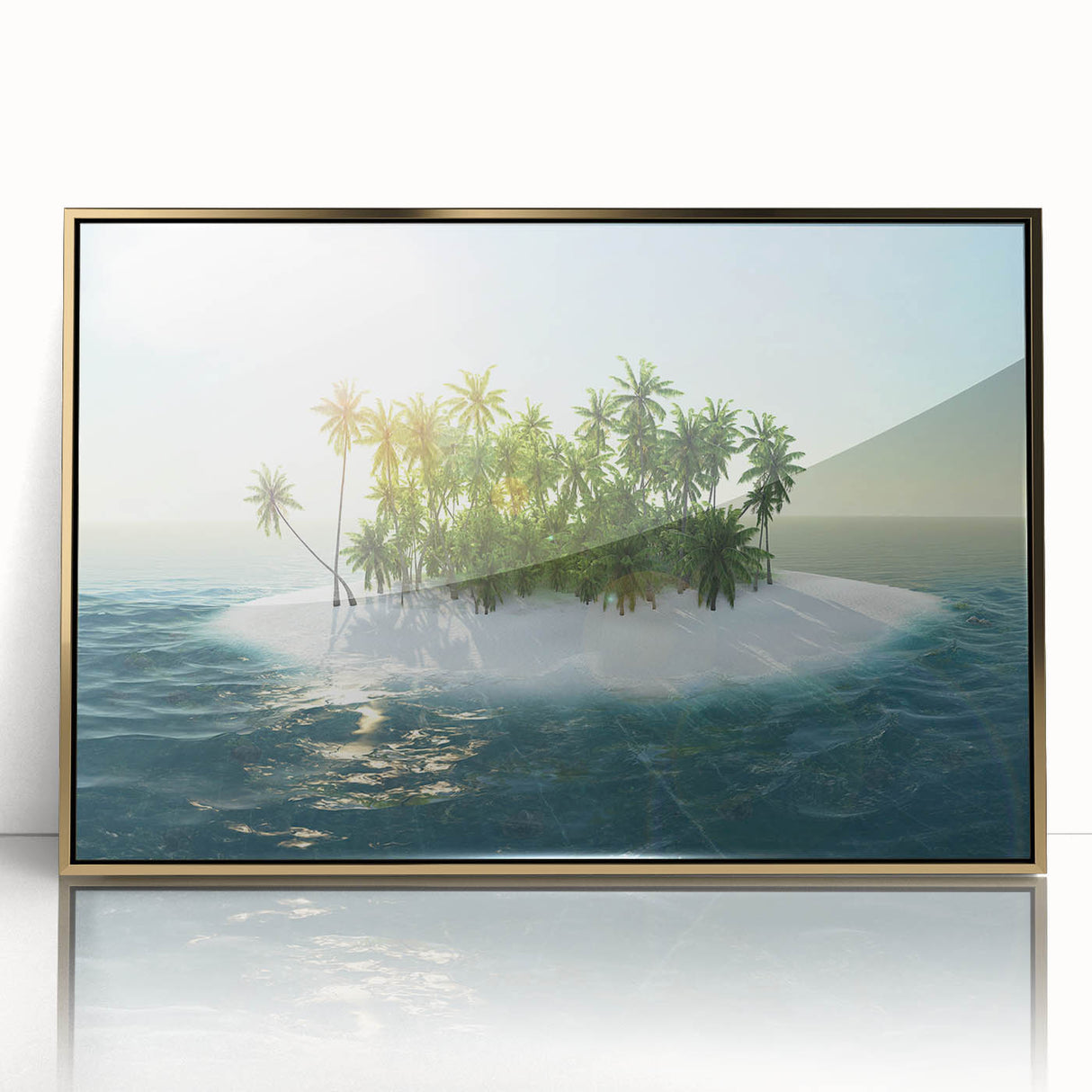 Art deco poster of Caribbean Virgin Islands in gold acrylic frame, featuring serene blue waters and lush green islands.