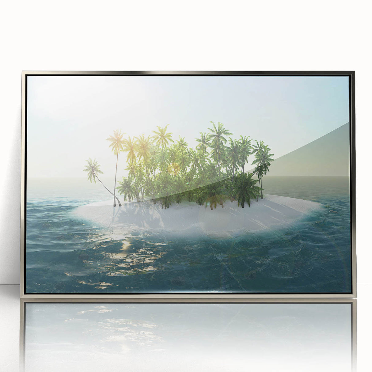 Large art print of the Caribbean Virgin Islands in muted blue and green tones, framed in silver acrylic.
