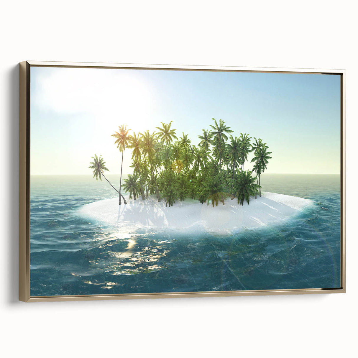 Framed canvas of a Caribbean landscape with lush greenery and blue waters, in muted earth tones, ideal for bedroom wall art.