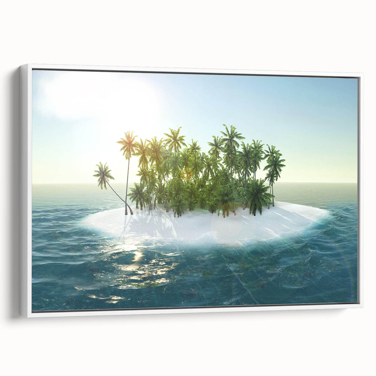 Framed canvas of vintage poster art depicting the Caribbean Virgin Islands in vibrant colors, ideal for living room decor.