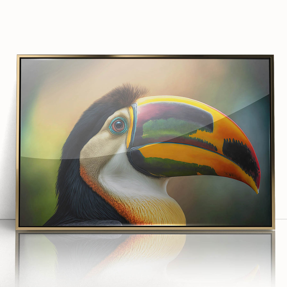Mid-century modernist art of a Belize landscape in gold hues, framed acrylic print, suitable for nursery wall art.