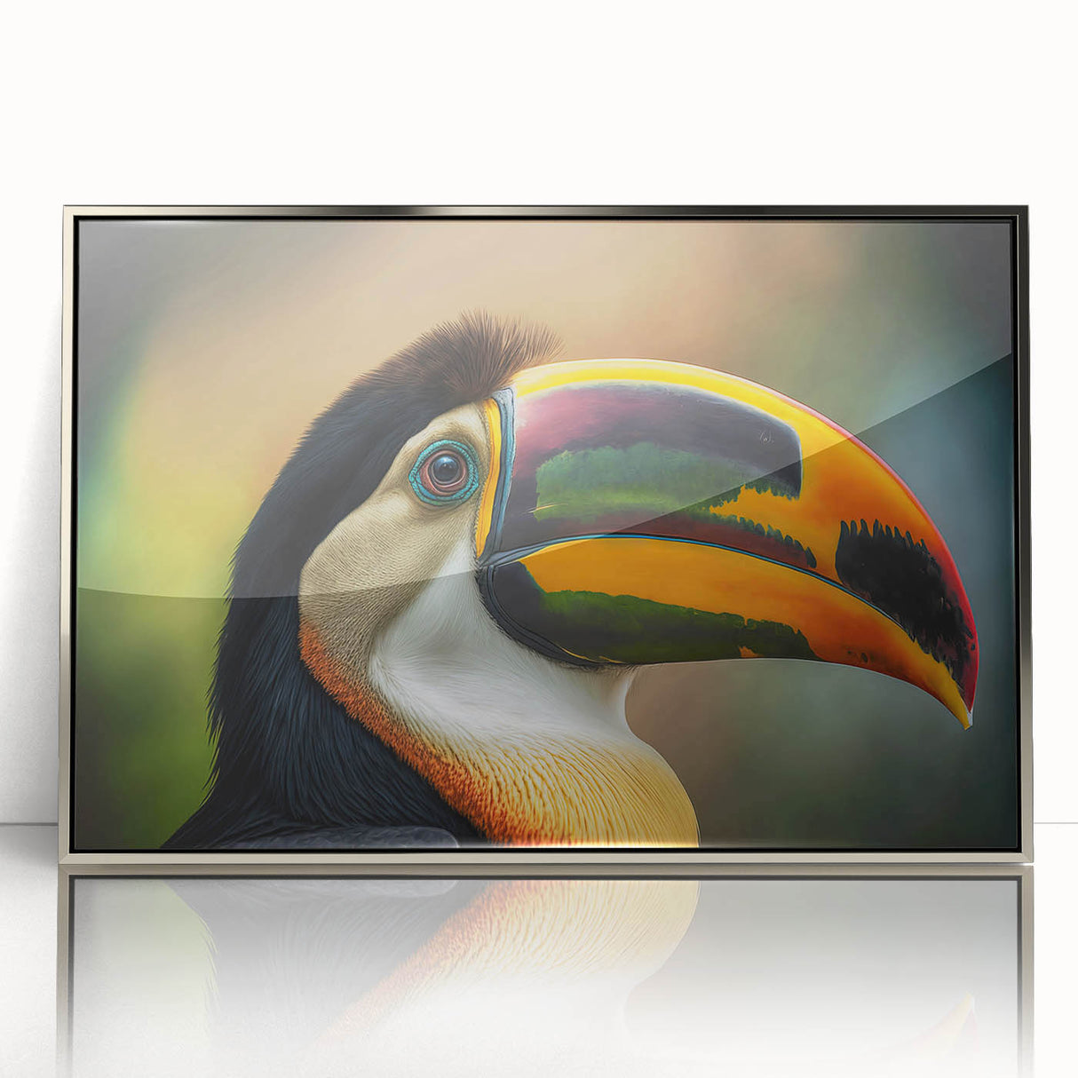 Mid-century modernist art depicting a Central American Belize scenery in silver-framed acrylic.