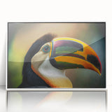 Art deco poster featuring a serene Belize landscape in muted green and blue tones, framed acrylic.