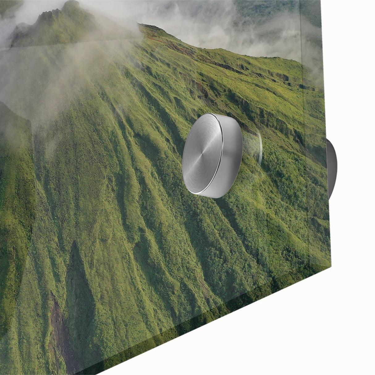 Large abstract wall art of a Costa Rican landscape in vibrant greens and blues on acrylic glass.