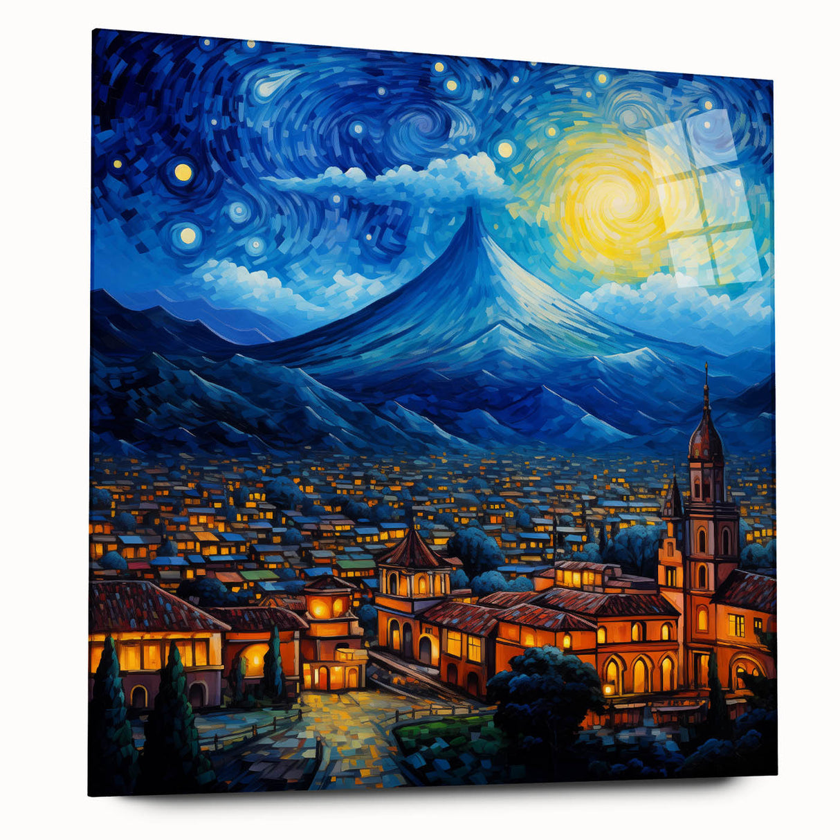 Large abstract depiction of a Central American landscape in muted earth tones on acrylic glass.