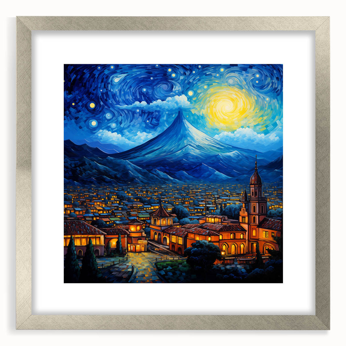 Textured abstract art print depicting a Central American scenery in muted earth tones, framed in silver.