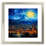Textured abstract art print depicting a Central American scenery in muted earth tones, framed in silver.