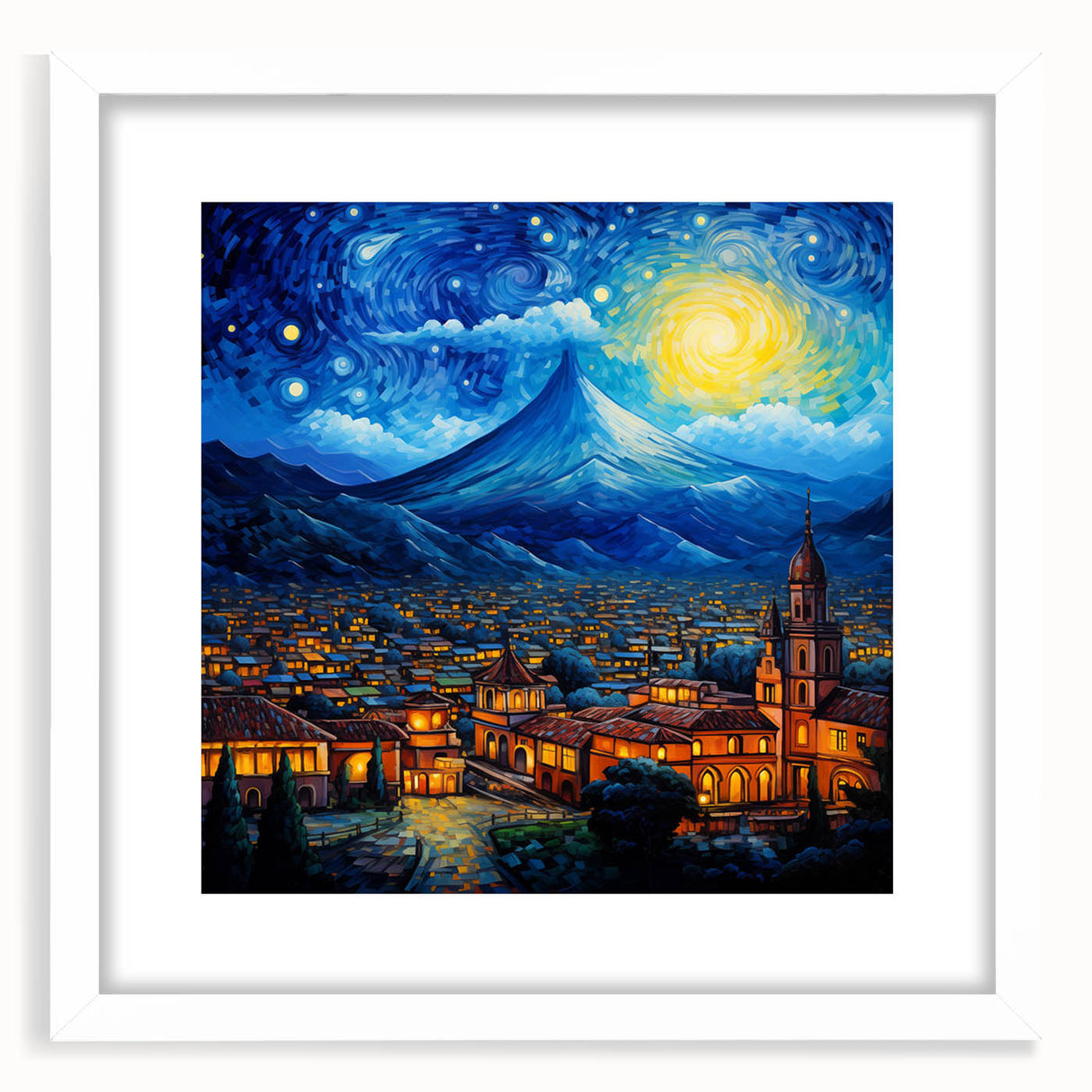Abstract art print of Central American scenery in muted earth tones, framed with a white mat, suitable for dining room decor.