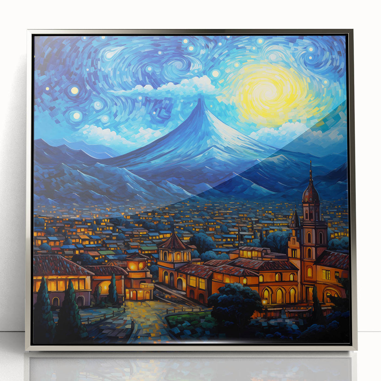 Mid-century modernist art depicting a serene Guatemalan landscape in muted green and blue tones on a silver-framed acrylic…