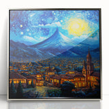 Mid-century modernist art depicting a serene Guatemalan landscape in muted green and blue tones on a silver-framed acrylic…
