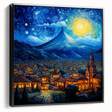 Black and white landscape art of a Guatemalan scenery on a framed canvas, suitable for bedroom decoration.