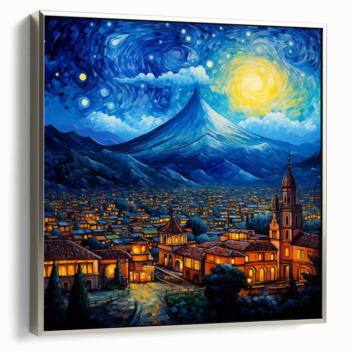 Framed canvas featuring a vintage-style landscape painting of a Guatemalan scenery, with colorful art and black border.