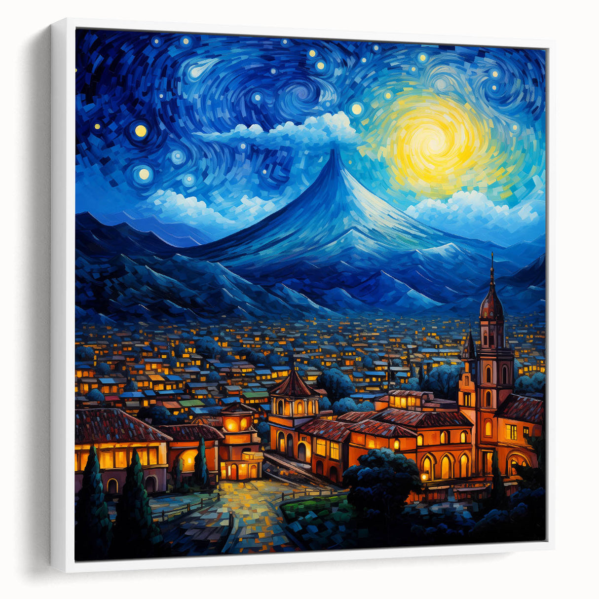 Vintage poster art of a Central American scenery in vibrant colors on a white framed canvas, ideal for living room decor.