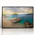 Large abstract wall art depicting a European scenery in Albania, with muted earth tones on a framed acrylic.