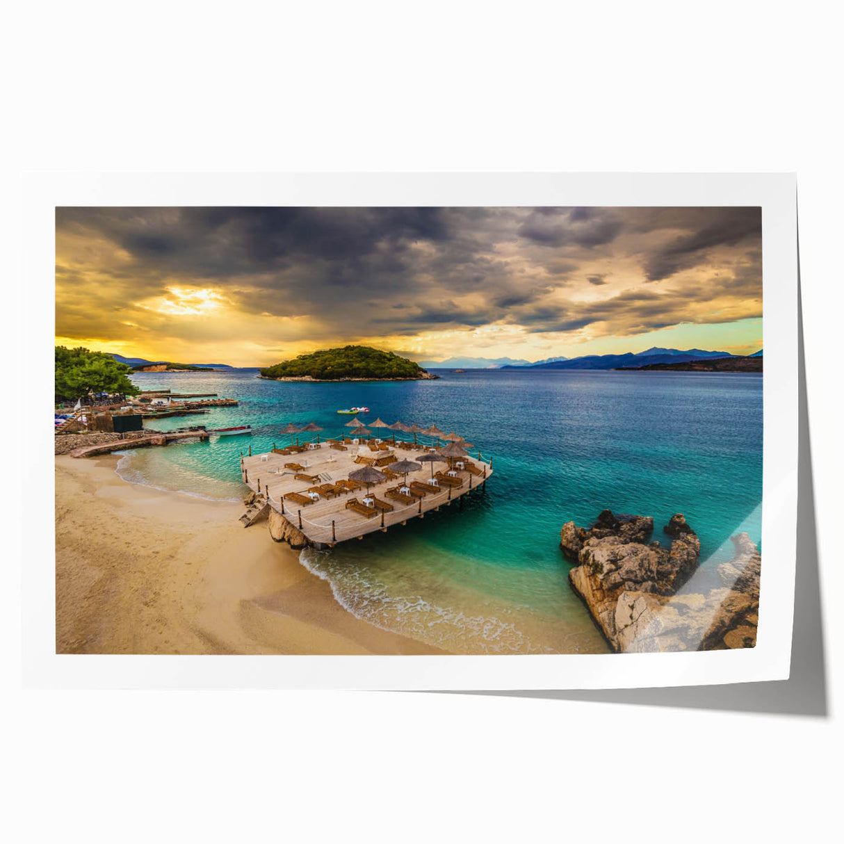 Extra large rolled print of an Albanian landscape with vibrant green fields and a clear blue sky.