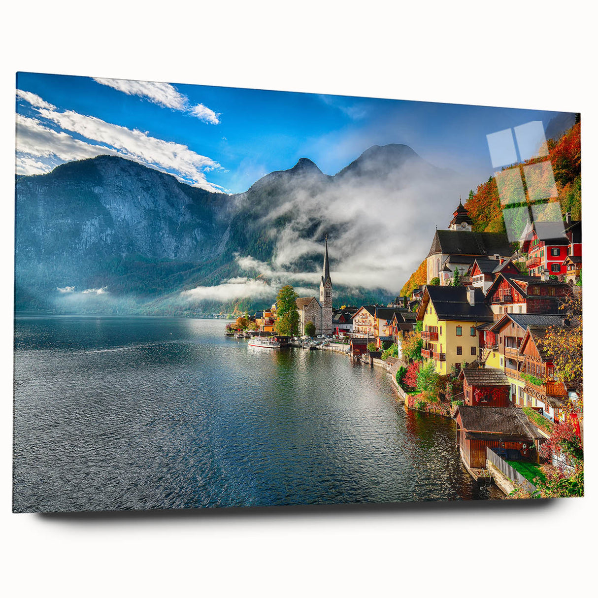 Acrylic glass print of a serene Austrian landscape in soft green and blue tones, ideal for bedroom or dining room art.