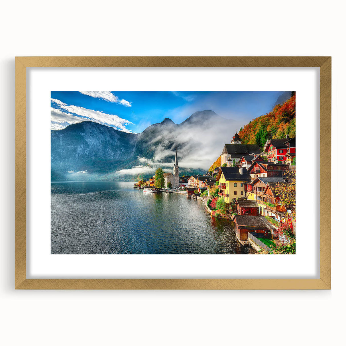 Abstract art print of a European landscape in muted earth tones, framed in gold, suitable for dining room decor.