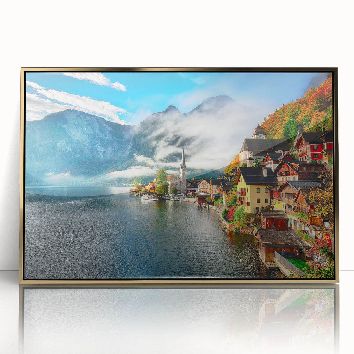 Art Deco poster of a European scenery, in muted gold tones on acrylic, ideal for nursery wall art.