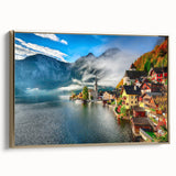 Framed canvas featuring a vintage-style landscape painting of an Austrian scenery in muted gold and black tones.