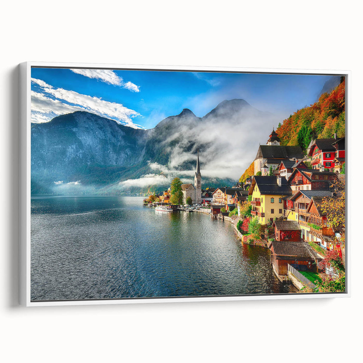 Vintage poster art of a scenic European landscape in Austria, featuring colorful art on extra large framed canvas.