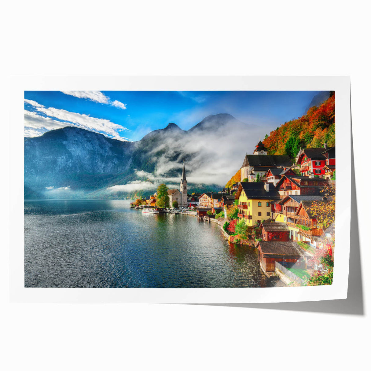 Extra large rolled print featuring a serene Austrian landscape with lush floral elements in soft green and blue tones.