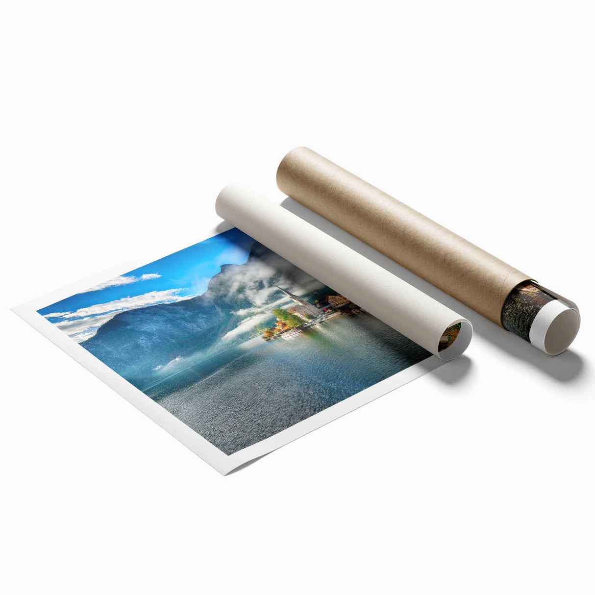 Scenic view of an Austrian landscape on a rolled print, featuring lush greenery and floral elements.