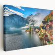 Large art canvas featuring a scenic view of an Austrian village in muted earth tones, ideal for kitchen wall decor.