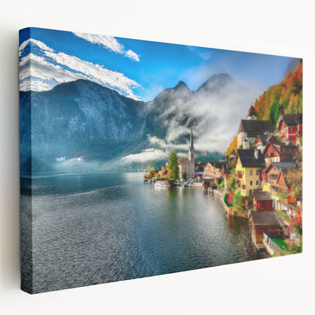 Large art canvas featuring a scenic view of an Austrian village in muted earth tones, ideal for kitchen wall decor.