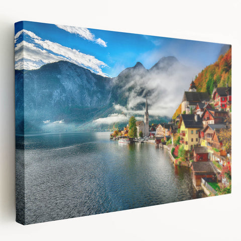 Large art canvas featuring a scenic view of an Austrian village in muted earth tones, ideal for kitchen wall decor.