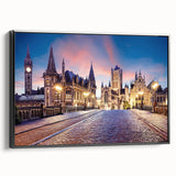 Black and white vintage poster art of a European landscape on framed canvas, suitable for bedroom decor.