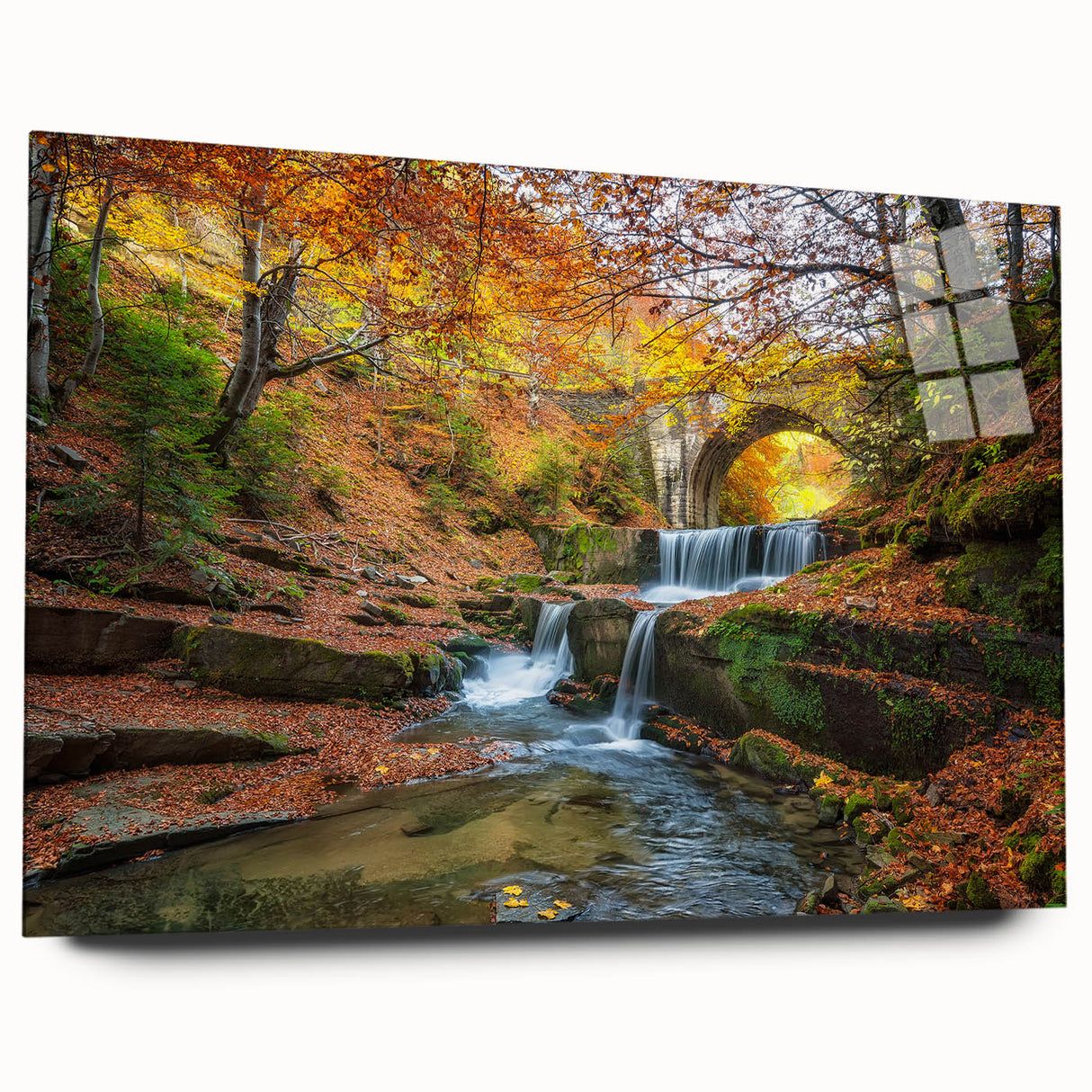 Large abstract wall art of a European scenery in muted earth tones on acrylic glass, ideal for bedroom or dining room decor.