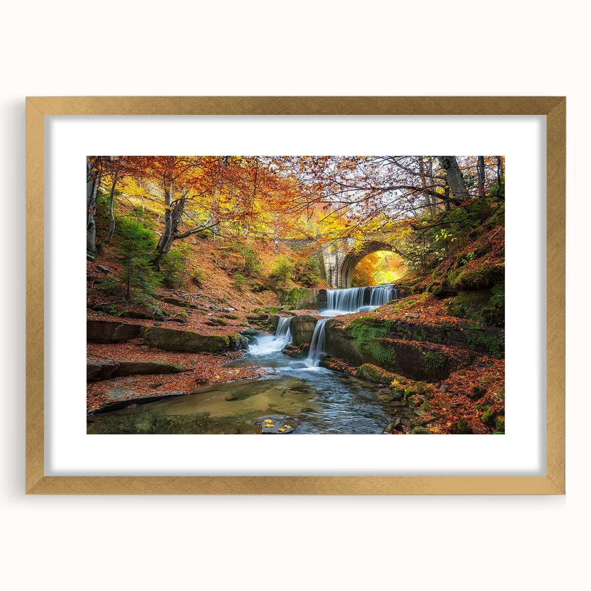 Abstract art print of a European scenery in muted gold and green tones, framed with a gold mat, ideal for dining room decor.