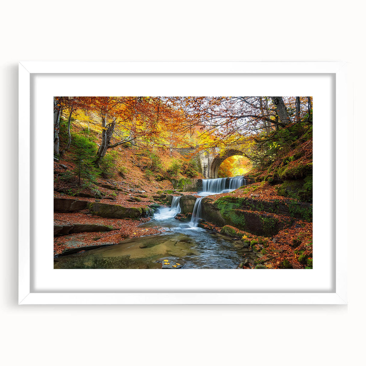 Textured abstract art print of a European scenery in muted earth tones, framed with a white mat, suitable for bedroom decor.