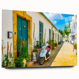 Large abstract wall art of a European Cyprus scenery in muted earth tones on acrylic glass.