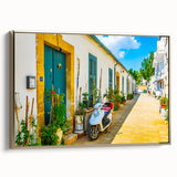 Framed canvas wall art featuring a vintage-style landscape of Cyprus in muted gold and black tones, ideal for bedroom decor.