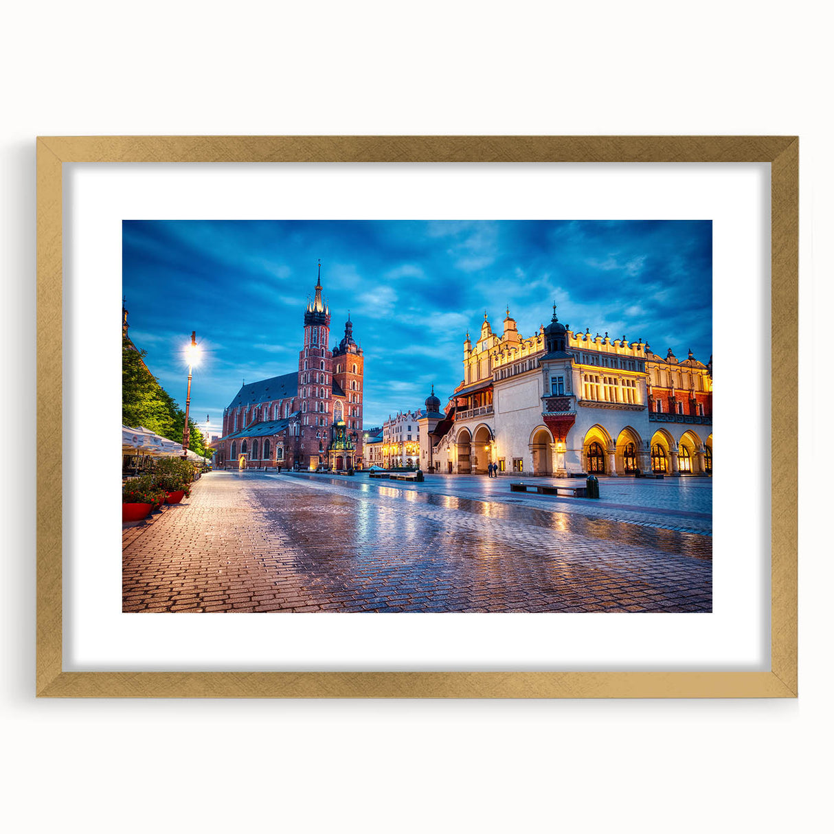 Abstract art print of Prague skyline in muted gold and blue tones on a framed canvas, suitable for dining room decor.