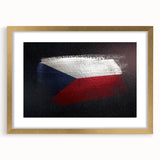 Abstract art print of a Czech Republic scenery in muted gold and green tones, framed with a gold mat.