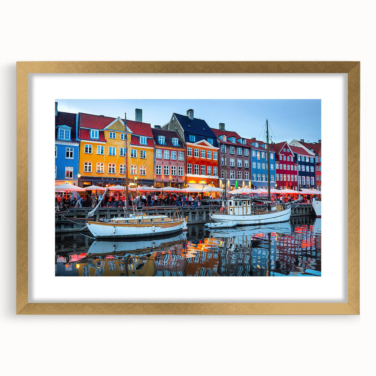 Abstract art print of a European Danish landscape in muted earth tones, framed in gold, suitable for dining room decor.
