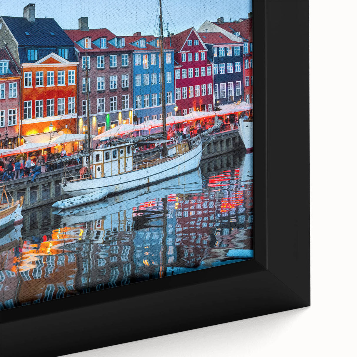 Extra large framed canvas depicting a textured, colorful European cityscape with dominant black tones.