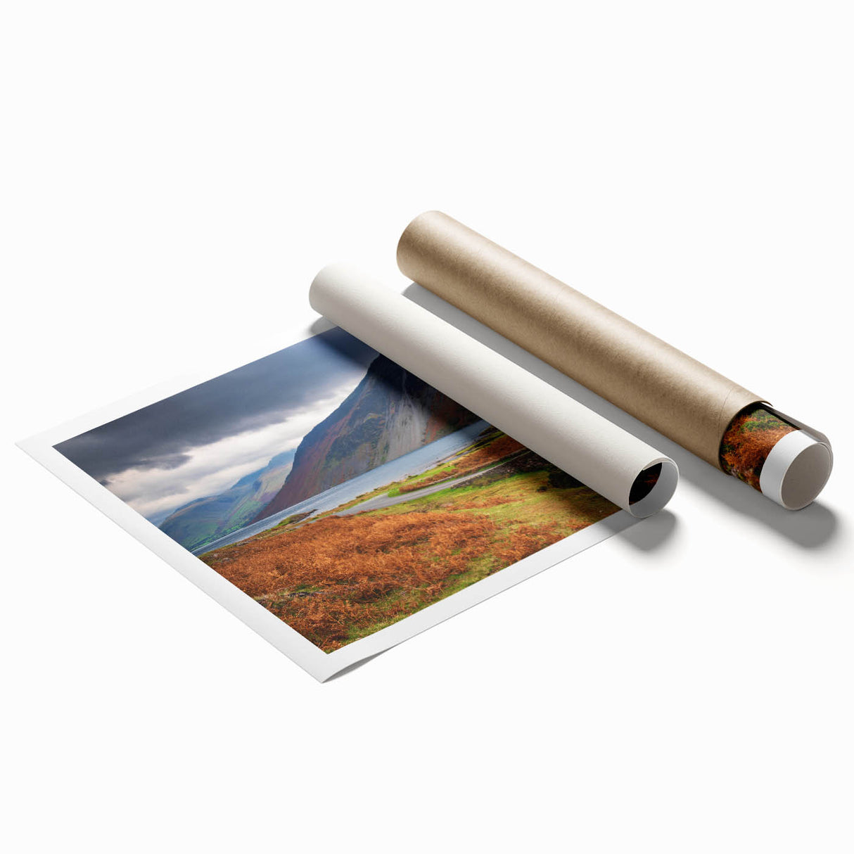 Extra large rolled print depicting a serene Cumbria landscape with muted green and blue colors.