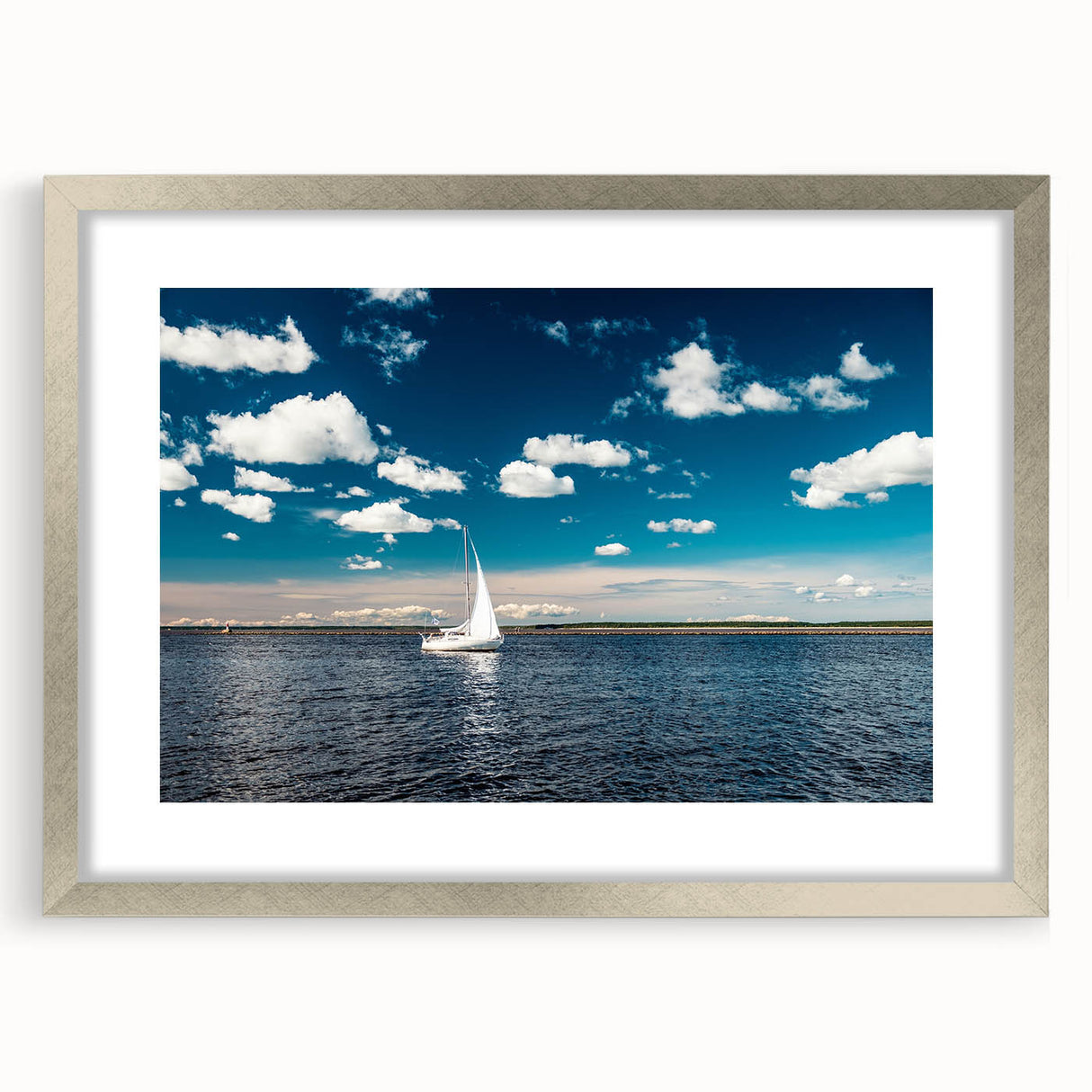Extra large abstract art print of a textured European scenery in muted earth tones, framed in silver.