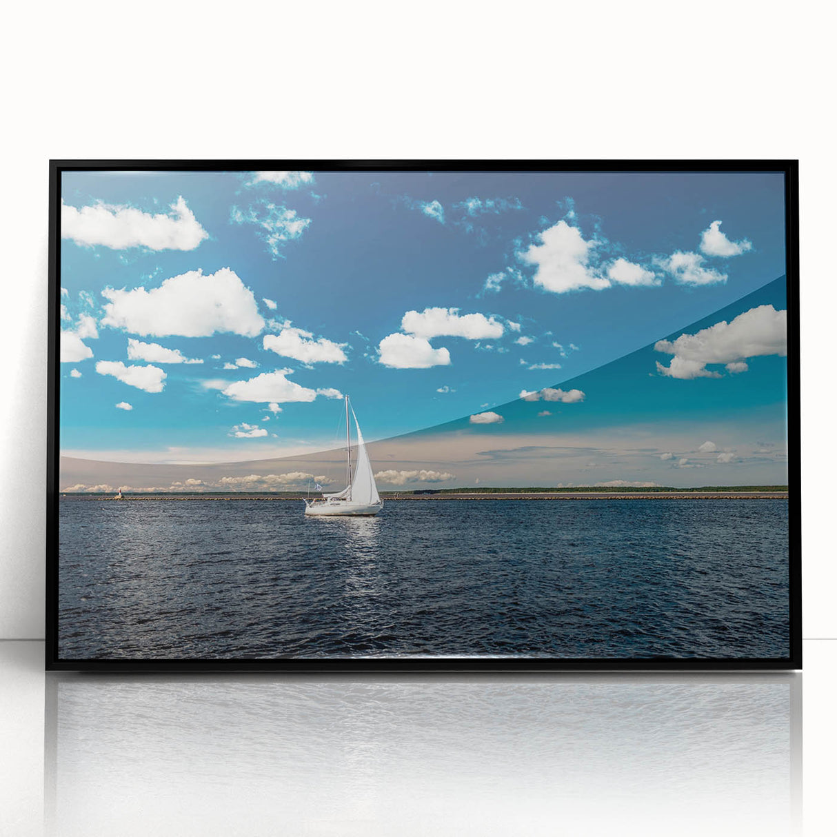 Large abstract wall art of a European Estonian scenery in muted grays and blues, framed in black acrylic.