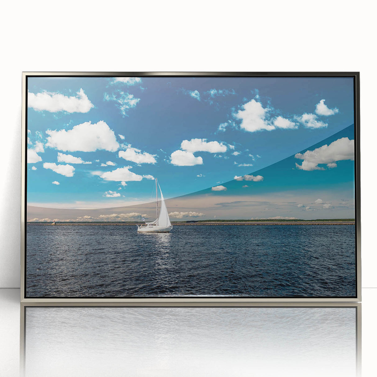 Large art print of a serene Estonian landscape in muted greens and blues on a silver-framed acrylic.