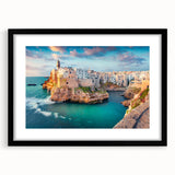 Extra large, textured abstract art print of a colorful Corsican landscape on a black framed canvas.