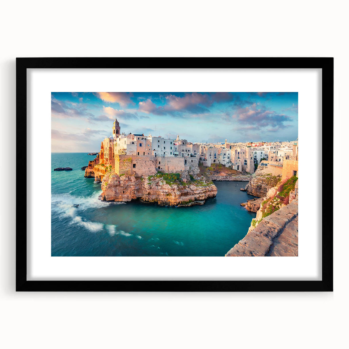 Extra large abstract art print of a colorful Corsican landscape, textured with vibrant hues, framed in black.