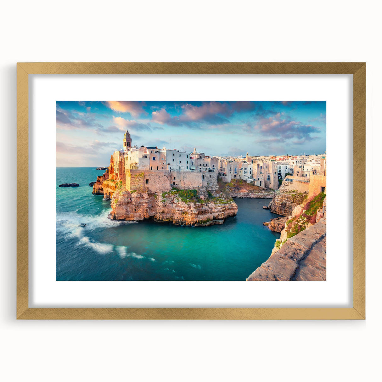 Abstract art print depicting a serene Corsican landscape in muted blues and greens, framed in gold.