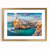 Abstract art print depicting a serene Corsican landscape in muted blues and greens, framed in gold.