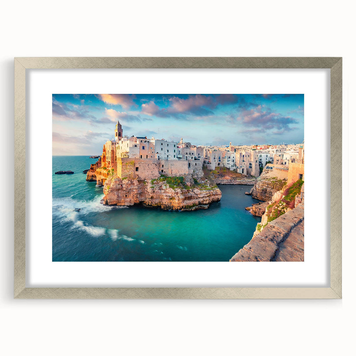 Extra large abstract art print of a Corsican landscape in textured shades of blue and green, framed in silver.