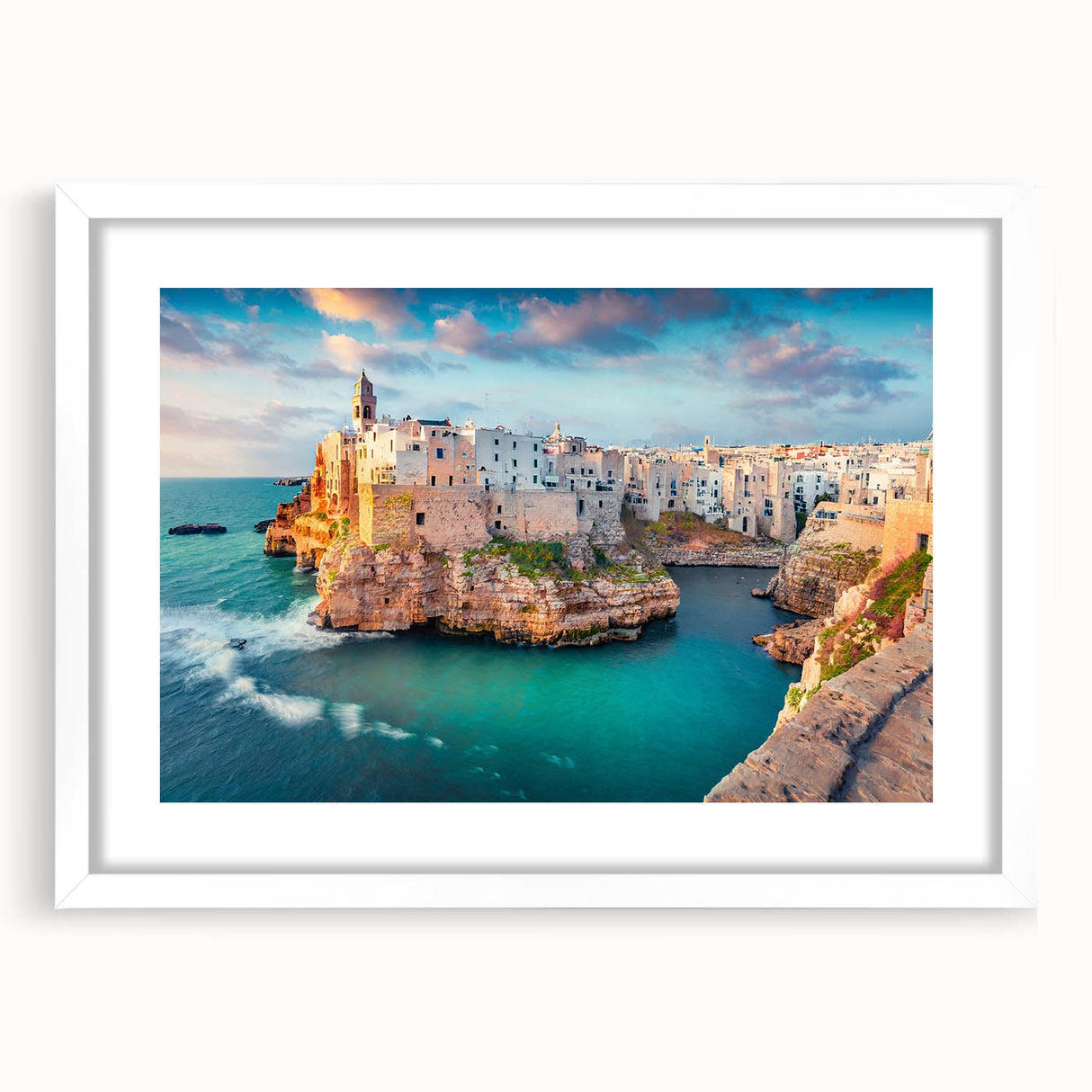 Textured art print of a Corsican landscape in muted earth tones on a framed white mat, ideal for bedroom decor.