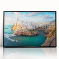 Large abstract wall art depicting a stylized Corsican landscape in muted earth tones, framed in black acrylic.
